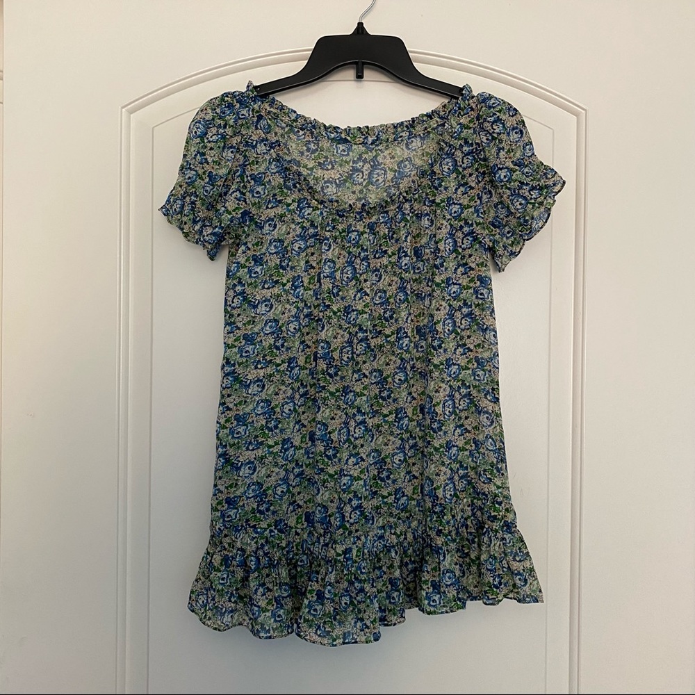 Decree Spring Summer Blue & Green Floral Chiffon Short Sleeves Ruffle Hem Top
